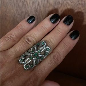 Long Emerald Topaz Silver Antique Style Ring Size 8